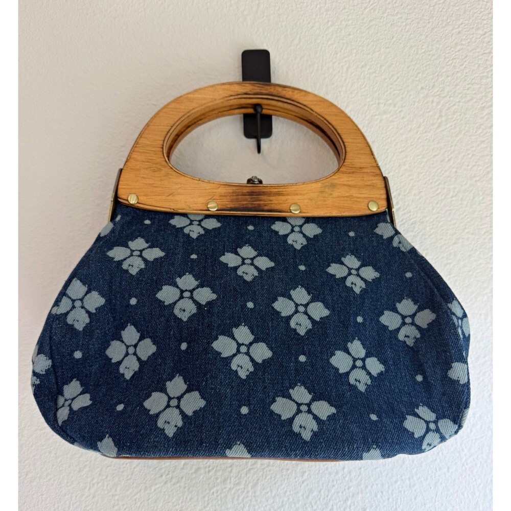 Daniella Ortiz Floral Denim Wood Handle Handbag Leather Trim Y2K Purse